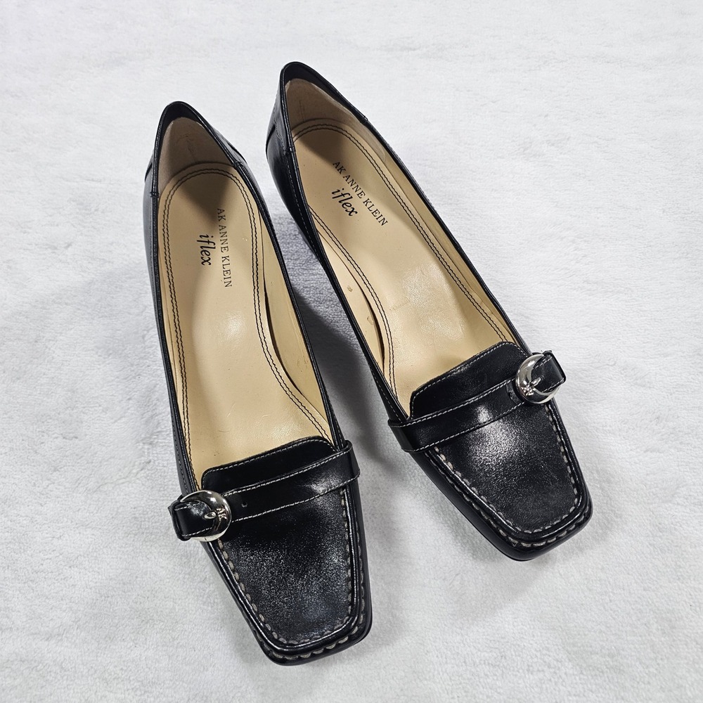 AK Anne Klein iflex Black Leather Square Toe Block Heel Buckle Pumps 9M AKDAVON